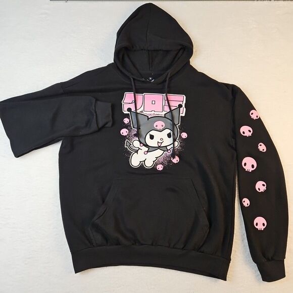 Sanrio Licensed Kuromi Logo M‎ Hoody Hoodie Black Goth Skulls On Sleeve - Picture 1 of 9
